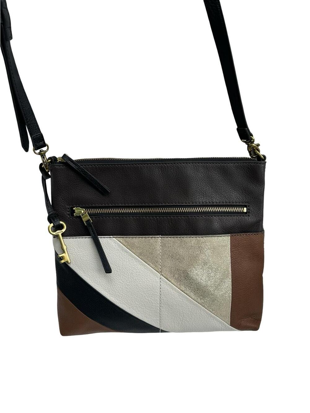 Fossil Colorblock Leather Crossbody Bag Brown Cream Gold Patchwork Purse
